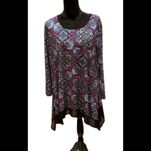 Cato Plus Top Blouse Size XL Blue Magenta Pattern Scarf Hem Stretchy Round Neck - Picture 1 of 12